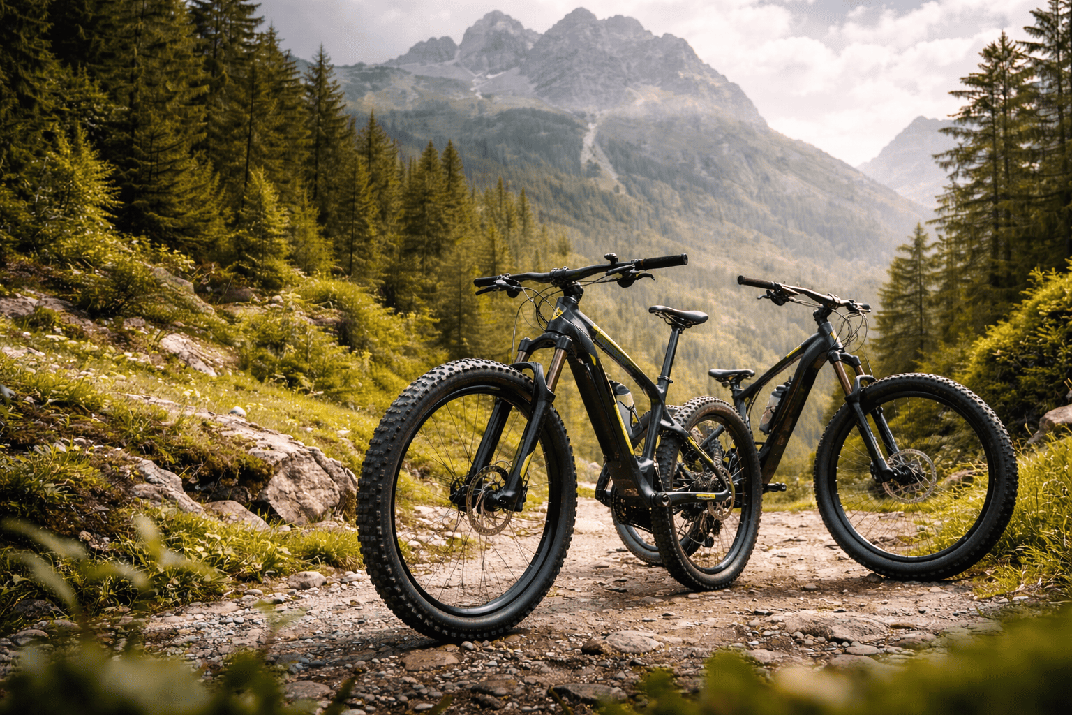 Electric mountain bikes on a trail