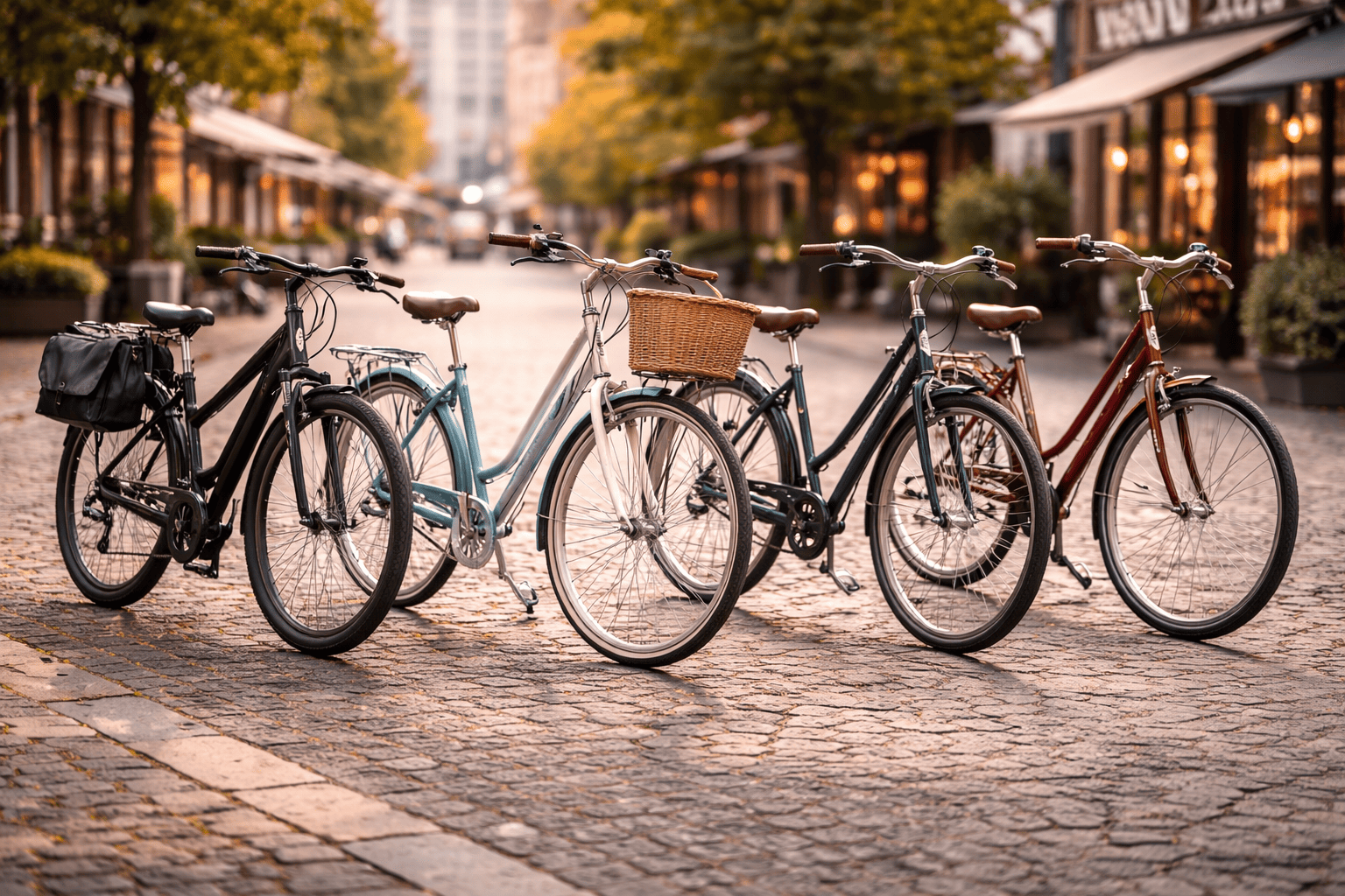 Five city bikes on a cobblestone street