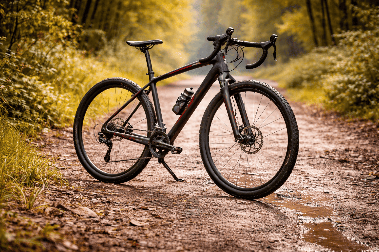 Gravel bike on a sunny forest road